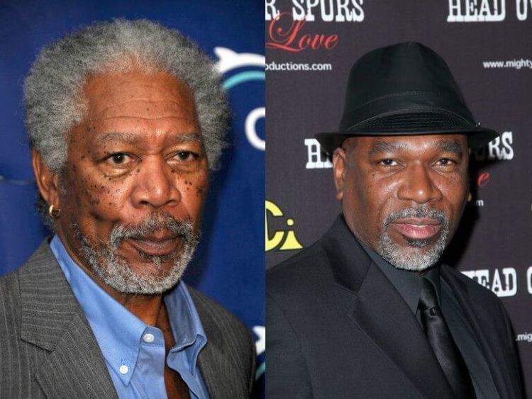 On the left, Morgan Freeman wearing a gray coat and blue long sleeves.  On the right, Alfonso Freeman wearing a black coat, black long sleeves, black hat and necktie