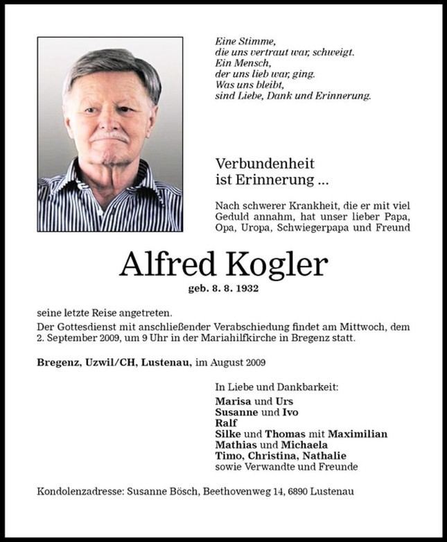 Alfred Kogler Alfred Kogler Todesanzeige VN Todesanzeigen