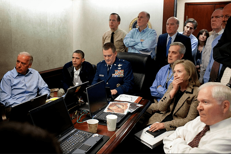 President Barack Obama with his National Security Team in the Situation Room during the raid on Osama bin Laden.