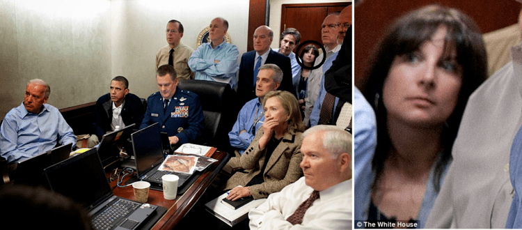 On the left, President Barack Obama with his National Security Team in the Situation Room during the raid on Osama bin Laden. On the right, Alfreda Frances Bikowsky surrounded by her colleagues.