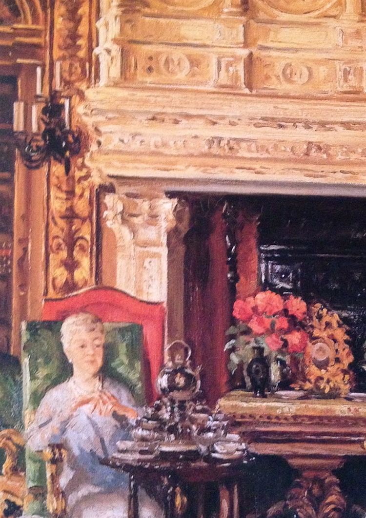 A painting of Mrs. Cornelius Vanderbilt II sitting on the chair in the library at The Breakers in Newport, Rhode Island