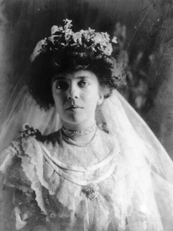 Alice Roosevelt's serious face while wearing a wedding gown