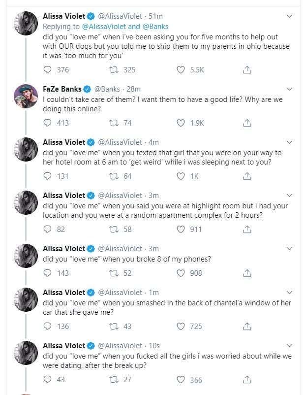 A screenshot of conversations between Alissa Violet and FaZe Banks about cheating issues on Twitter.