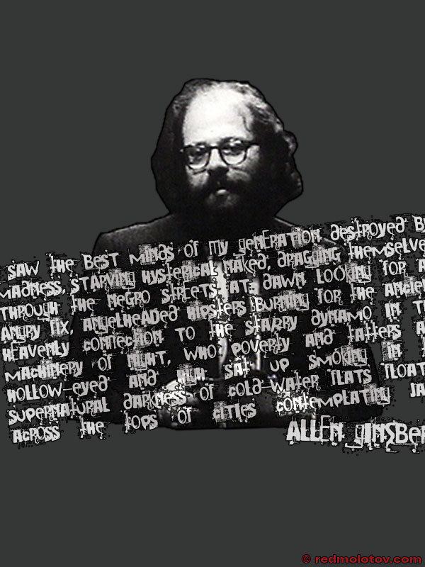 Allen Ginsberg at the back of a poster for his poem entitled Howl, 1956.