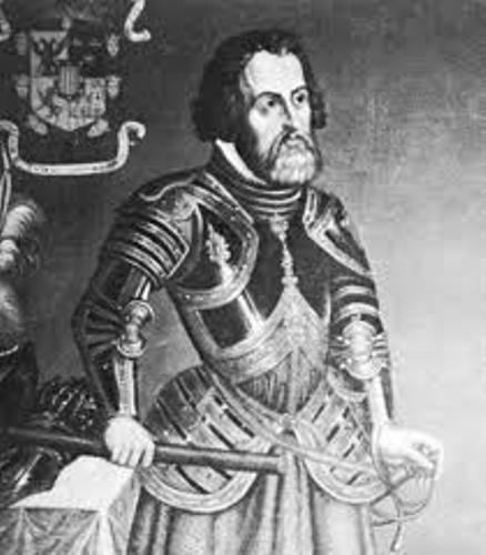 Hernando Cortez looking afar while wearing a full set of armor