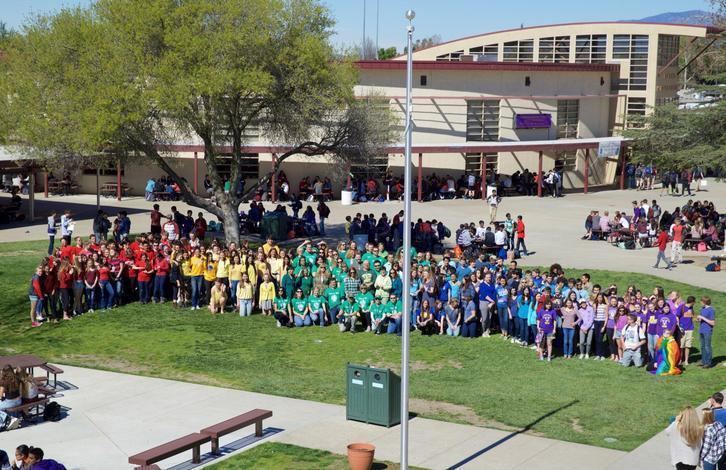 The Amador Valley High School, There is a clear blue sky and long, cream-colored buildings with students lining up at the back in the middle, there is a field of grass and a tree on the left, with groups of students lined up from left, a group wearing a red shirts with denim pants, 2nd from left, a group wearing a yellow shirts with denim pants, 3rd from left, a group wearing a green shirts and denim pants, 4th from left, a group wearing a blue shirts with denim pants at the right is a group wearing a purple shirts with denim pants, in front, from left, A woman is seated on a brown bench and table, and there is an empty bench at the side of a grassy area with a brown pot, a flagpole, and a green trash can along the path.