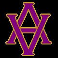 In a black background has A and V in the middle crossed together in purple color and yellow outline.