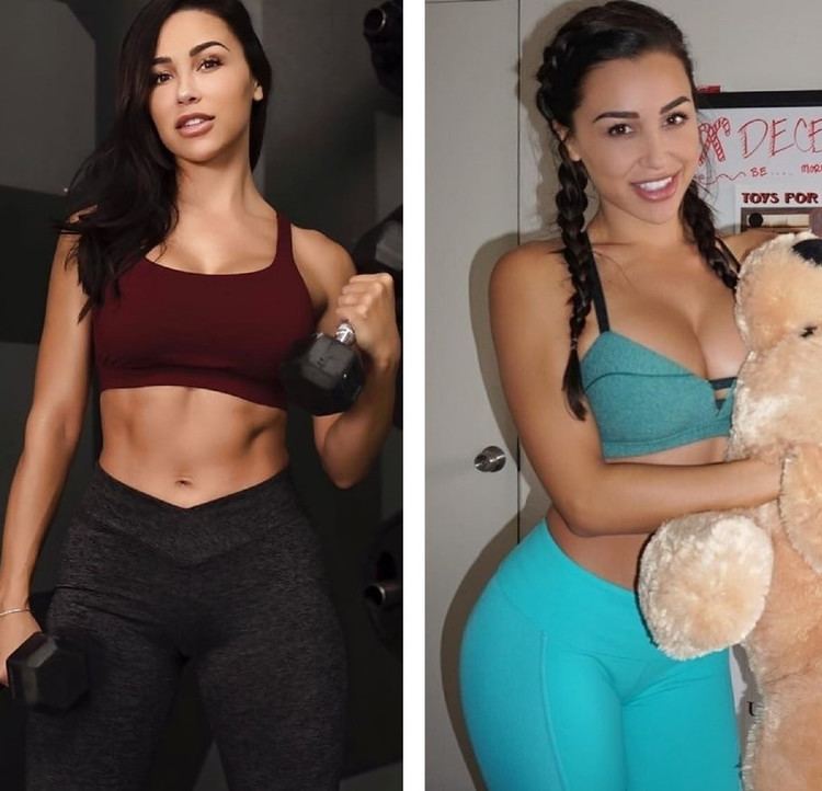 On the left is Ana Cheri smiling and lifting barbells while on the right is Ana smiling and carrying a Teddy Bear