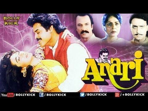 Daggubati Venkatesh, Karisma Kapoor, Rakhee Gulzar, Suresh Oberoi, and Adi Irani in a movie poster of 1993 film, Anari