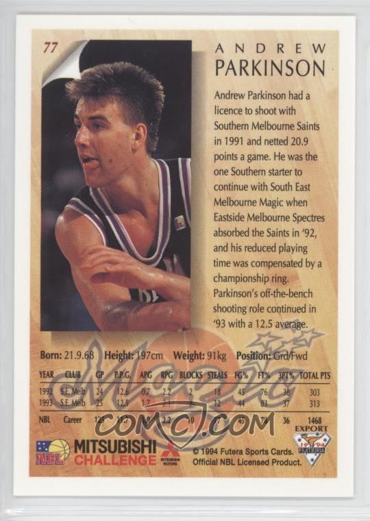 Andrew Parkinson (basketball) 1994 Futera NBL Base 77 Andrew Parkinson COMC Card Marketplace