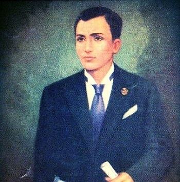 An illustration of Andres Bonifacio looking serious in a blue suit while holding a rolled document