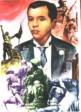 An illustration of Andres Bonifacio in a white and black suit and him holding the Katipunan flag leading the people in a revolution