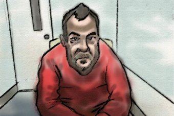 An artist's impression of Andy Albury as he appeared via video link from Darwin jail