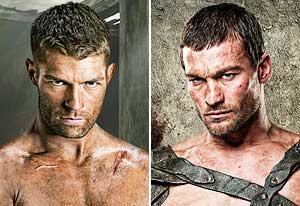 On the left, Liam McIntyre as Spartacus, with a fierce look in a television series scene from Spartacus: Blood and Sand (2012-2013). On the right, Andy Whitfield as Spartacus, with a fierce look in a television series scene from Spartacus: Blood and Sand (2010).
