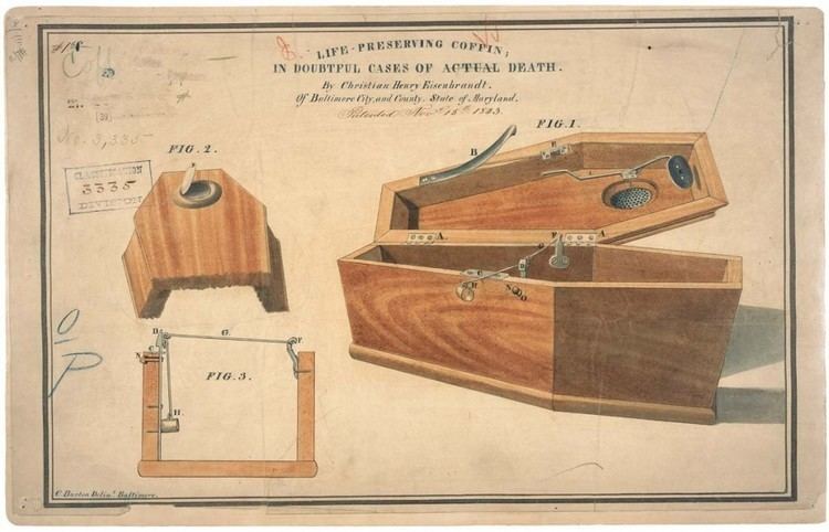 A patent of the "Coffin for Preserving Life", invented by Angelo Hays.