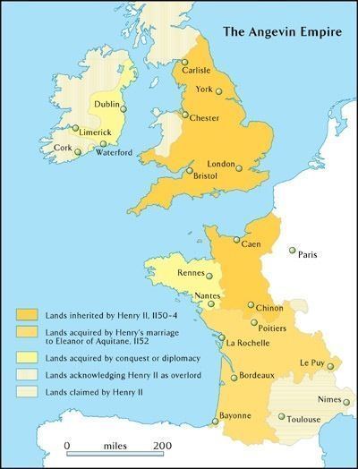 The Angevin Empire showing the lands inherited by Henry II, lands acquired by his marriage, diplomacy, lands acknowledging Henry II as overlord, and lands he claimed