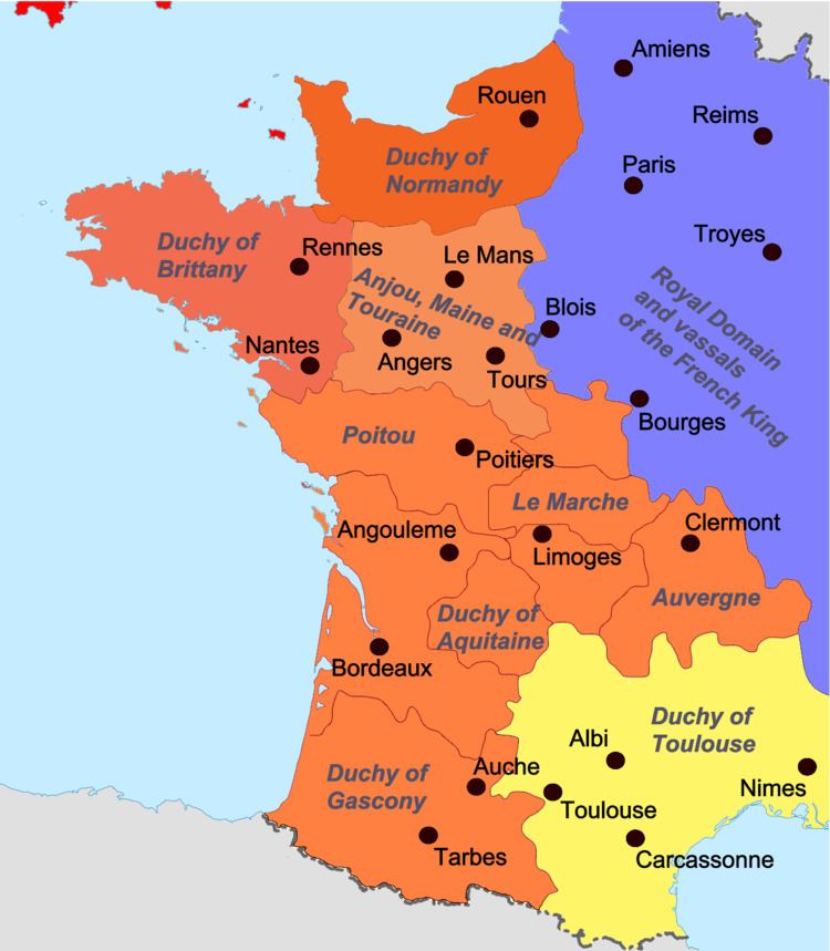 Map of Angevin Empire showing the English lands (red & orange) in France (blue) at the height of English power in continental Europe