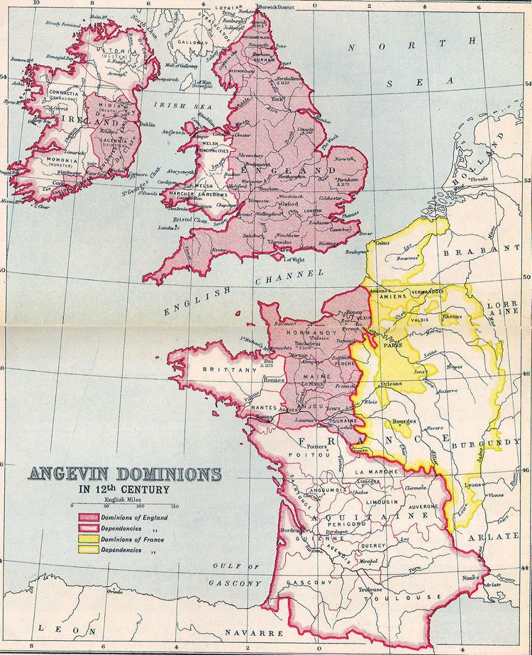 The Angevin Empire in the late twelfth century, showing the lands ruled by Henry II of England