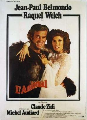 Jean-Paul Belmondo and Raquel Welch are smiling while Jean-Paul is wearing a gorilla costume and Raquel Welch is wearing a white long sleeve dress in the movie poster of the 1977 film, L'Animal