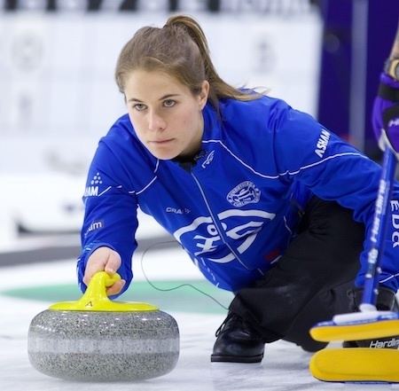 Anna Hasselborg playing curling in a blue jacket during the 2015 National in Oshawa, Ont