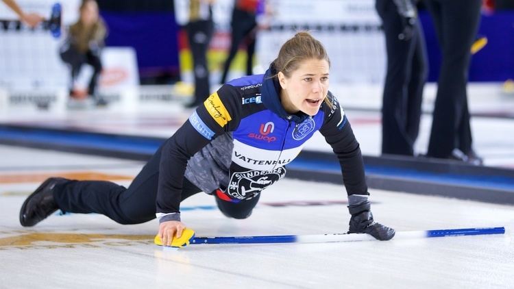 Anna Hasselborg shooting a stone during the Meridian Canadian Open in North Battleford, Sask., on Jan. 6, 2017