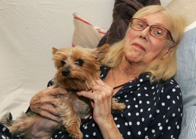 Anna Karen holding a dog and wearing a polka dot dress and eyeglasses