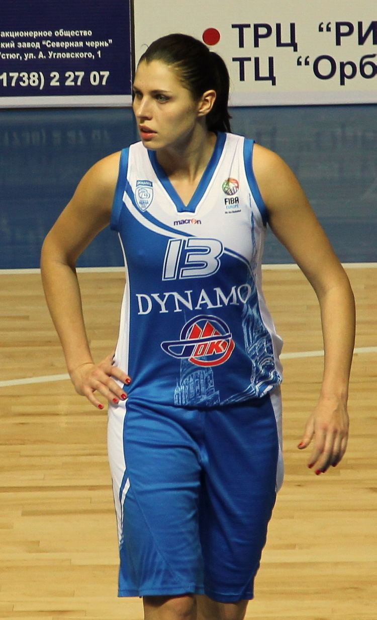 Anna Petrakova looking serious with her right hand on her waist inside the basketball court, having red nail polish, and wearing a braless blue and white jersey and shorts with the printed word "DYNAMO", the FIBA logo, and jersey number "13"