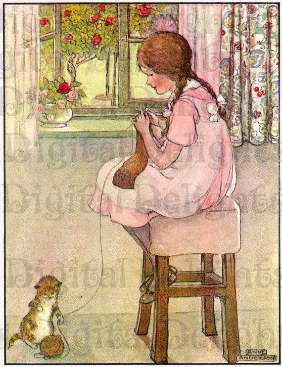 Anne Anderson (illustrator) RARE Anne Anderson Girl Knitting with Her Cat Vintage