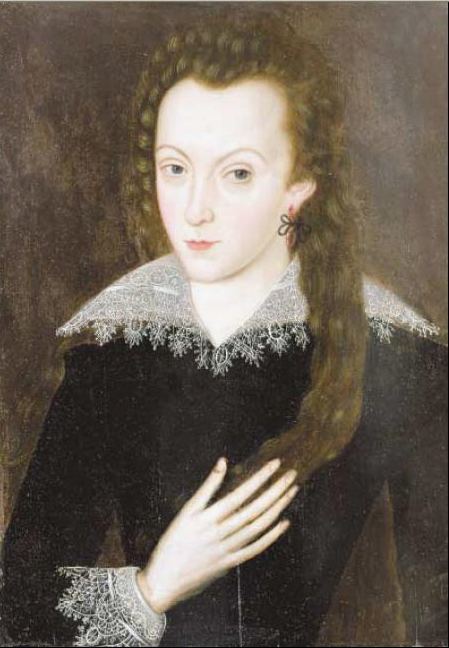 Anne Hathaway (1555/56 – 6 August 1623) was the wife of William Shakespeare, the English poet, playwright, and actor. Anne with a serious face, curly hair, wearing earrings, and a black and white ancient dress.