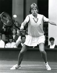Anne Hobbs while playing tennis (black and white photo)