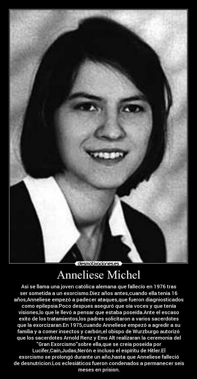 On the top, Anneliese Michel smiling with a shoulder-length hair while on the bottom, in a paragraph about her life, she is wearing a blouse with a collar