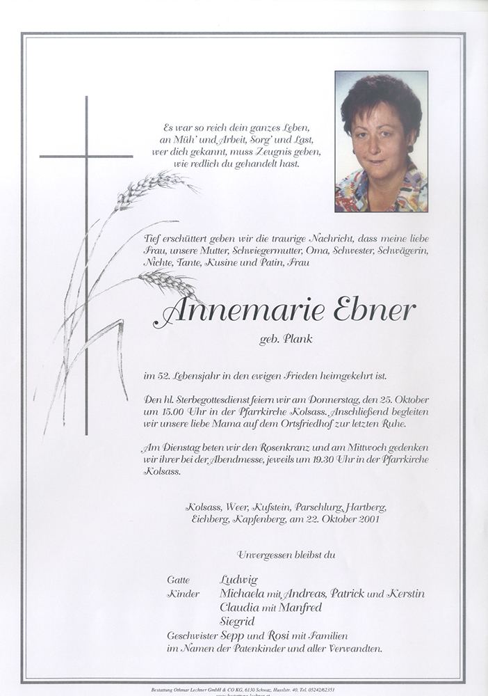 Annemarie Ebner Verstorbener Annemarie Ebner Trauerhilfe Bestattungs GesmbH