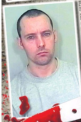 Anthony Morley with a serious face while on the bottom is a knife with blood