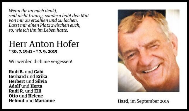 Anton Hofer Anton Hofer Jahresgedchtnis VN Todesanzeigen