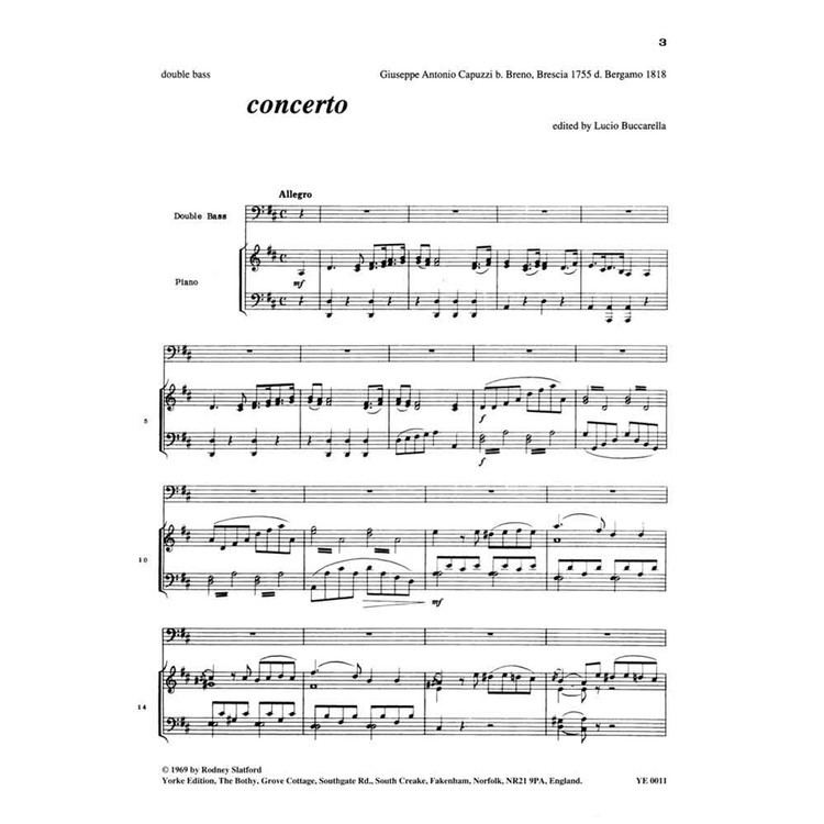 Antonio Capuzzi Capuzzi A Concerto D Major for Violin or Bass and Piano Yorke