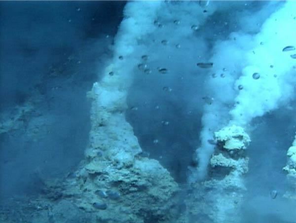 The Champagne hydrothermal vent field on NW Eifuku seamount, where droplets of liquid CO2 are emitted from the seafloor around white-smoker vents