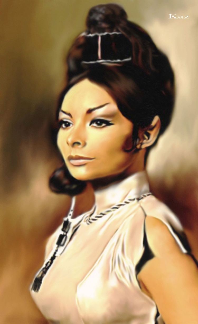 A painting of Arlene Martel looking serious with a high bun hairstyle, wearing a white turtleneck dress