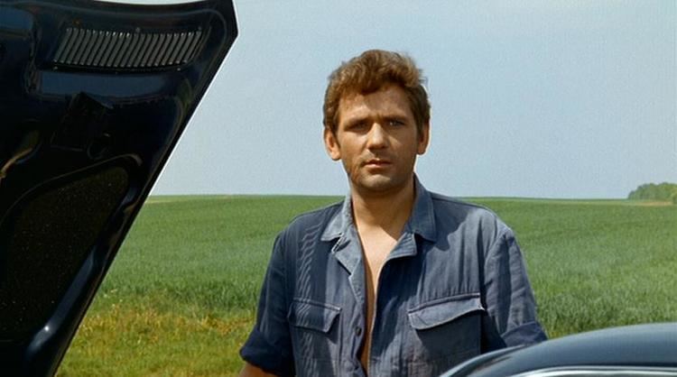 Armin Meier (actor) is serious, has brown hair, a beard, and a mustache, standing in the field, in front of a black car, wearing a blue short sleeve.