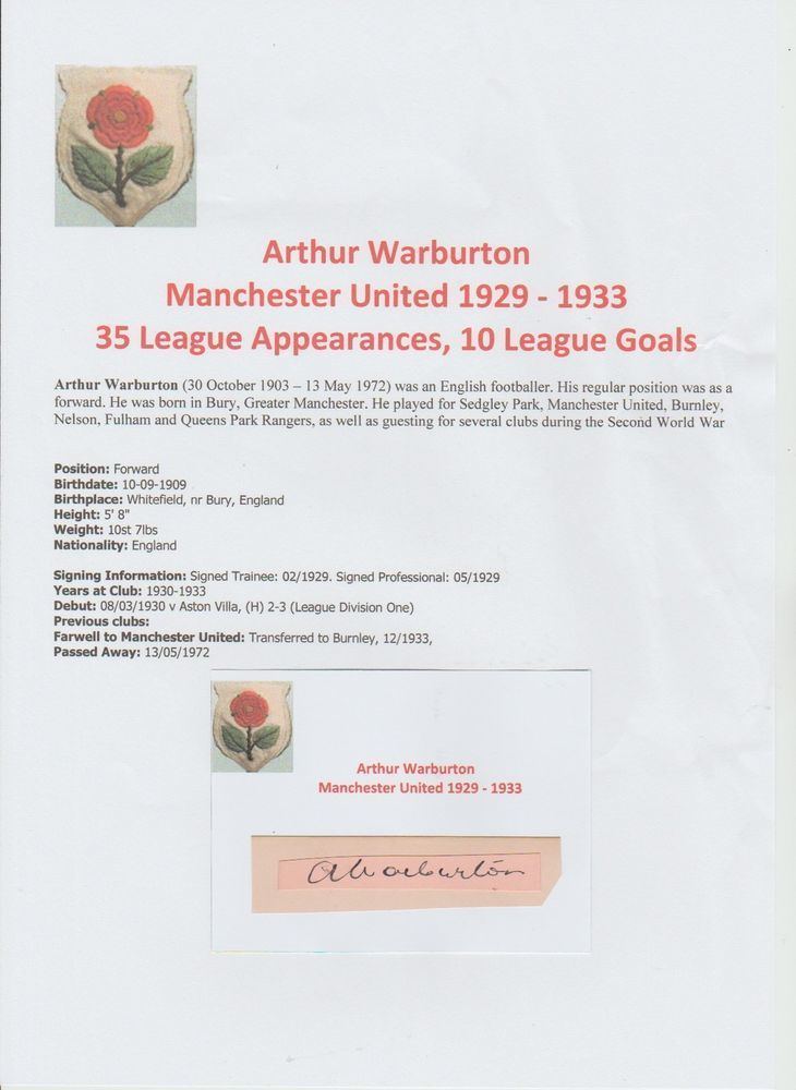 Arthur Warburton ARTHUR WARBURTON MANCHESTER UNITED 19291933 RARE ORIG HAND SIGNED