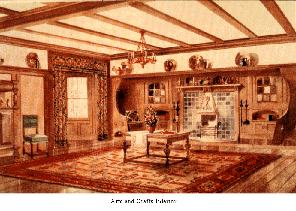 Arts and crafts movement interior, a room that has a candle lighted chandelier, a table at the center with a flower in a vase, red-orange and white carpet, a chair on the left with a tiled fireplace mounted with high wooden cabinets with copper plates decorations on top.