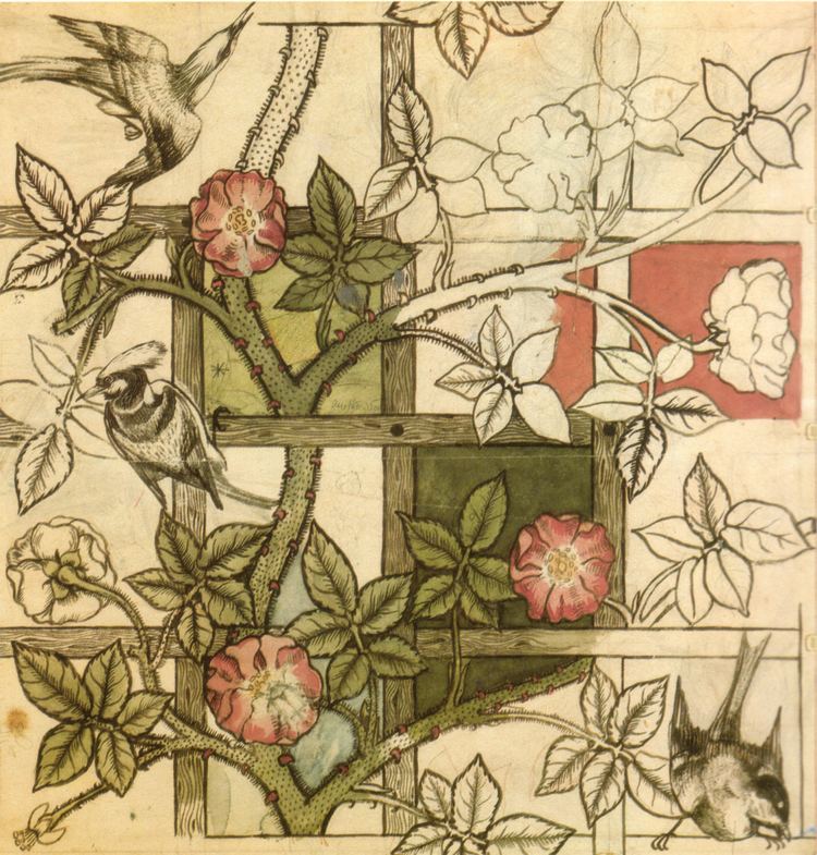 An elegant swirl of thorny vines in green and white, flowers in pink, and white colors, and leaves in green and white colors, with three birds, one on the top left corner, the second one on the left, and the third one is on the bottom right with a long crest, in black and white, and a trellis behind.