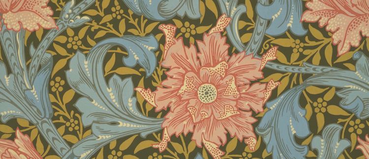A piece is known as Single Stem by William Morris, an elegant swirl of vines in olive color, flowers in red orange, and long strokes of leaves in dark cyanish white color in perfect symmetry in dark olive background.