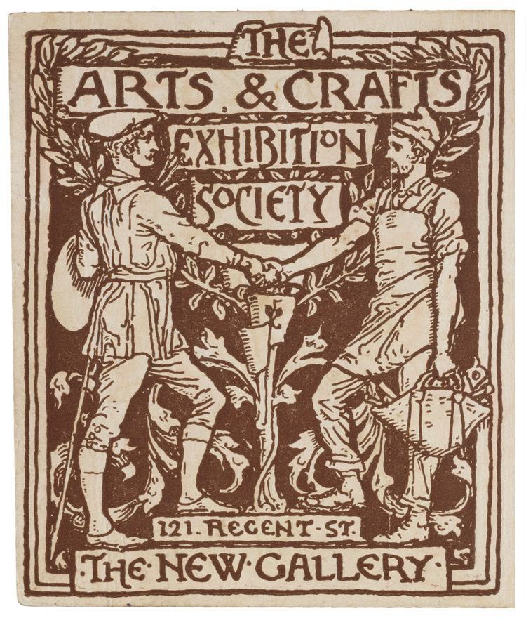 A postcard of the Arts & Crafts Exhibition Society, 121.REGENT.ST. THE NEW GALLERY, has two men from the left an artist standing left foot forward shakes hand with his right and holding a pallet wooden tray in his left, wearing traditional artist clothes with a  printer's hat, at the right is a craftsman, standing right foot forward, shaking hand with his right hand, left hand holding a craftsman tool in a basket, behind is a symmetrical vine of leaves, a postcard in white and dark orangish colors, he is wearing craftsman traditional clothes with a hat.