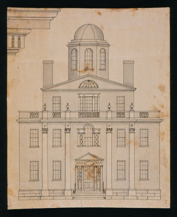 Asher Benjamin Front elevation and detail drawing of an unidentified building