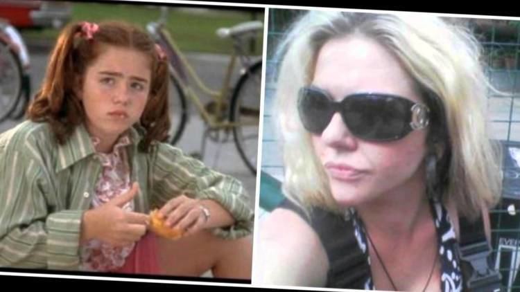 On left Ashleigh Aston Moore eating food wearing a green long-sleeved shirt in a movie scene Now and Then & on right Ashleigh wearing sunglasses