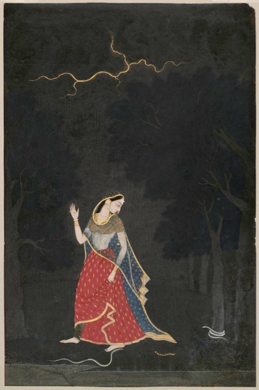 A painting by Mola Ram: Abhisarika Nayika, "the heroine going to meet her lover". She turns back to look at a golden anklet, which has just fallen off. There are also snakes below and lightning above.