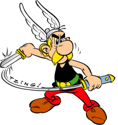 Asterix holding a sword while wearing a black top, green and yellow belt, red pants, and brown shoes