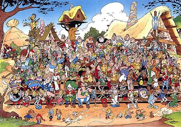 Some of the many characters in Asterix. In the front row are the regular characters, with Asterix himself in the center