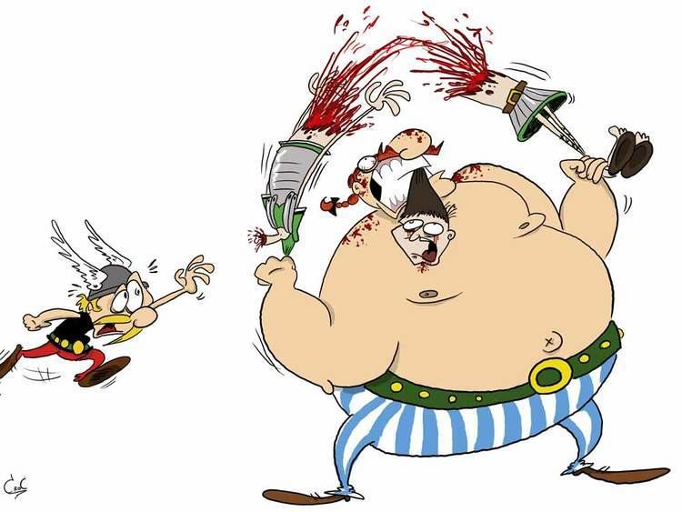 Obelix carrying a two-men with blood on their head and biting the head of a man while Asterix trying to stop him