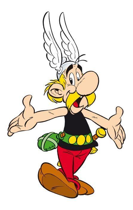 Asterix with a big smile while his arms are wide open and wearing a black top, green and yellow belt, red pants, and brown shoes